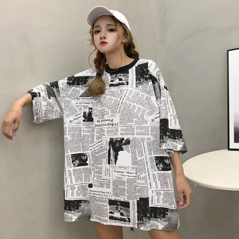 Summer women's new newspaper printing medium long short sleeve T-shirt for female students Korean loose half sleeve T-shirt