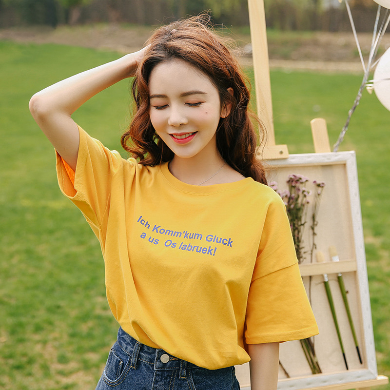 Yellow short sleeve female students Korean version loose BF yuansuo style ulzzang letter T-shirt bottom shirt summer clothes